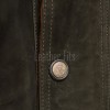 Men Olive Green Suede Leather Car Coat | Luxury Timber Brown Trimmed Duster | Premium Nubuck Insulated Heavy Winter Field Overcoat