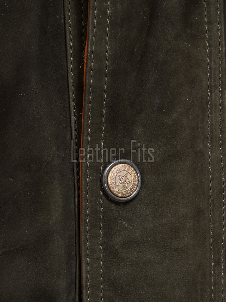 Men Olive Green Suede Leather Car Coat | Luxury Timber Brown Trimmed Duster | Premium Nubuck Insulated Heavy Winter Field Overcoat
