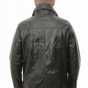 Men Espresso Brown Leather Car Coat | Luxury Winter Shearling Lined Duster | Premium Sheepskin Insulated Heavy Mock Neck Overcoat