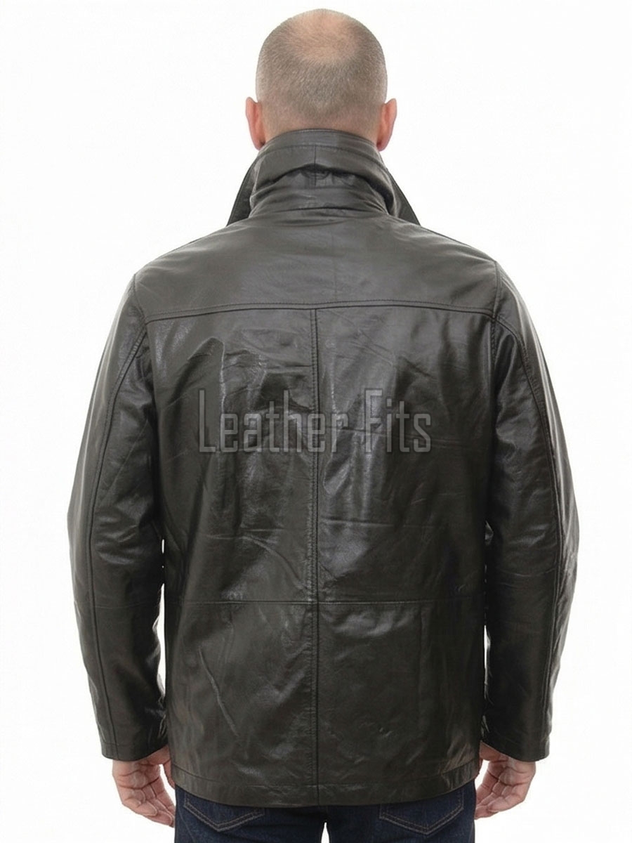 Men Espresso Brown Leather Car Coat | Luxury Winter Shearling Lined Duster | Premium Sheepskin Insulated Heavy Mock Neck Overcoat