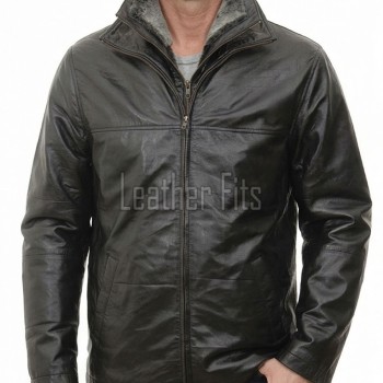 Men Espresso Brown Leather Car Coat | Luxury Winter Shearling Lined Duster | Premium Sheepskin Insulated Heavy Mock Neck Overcoat