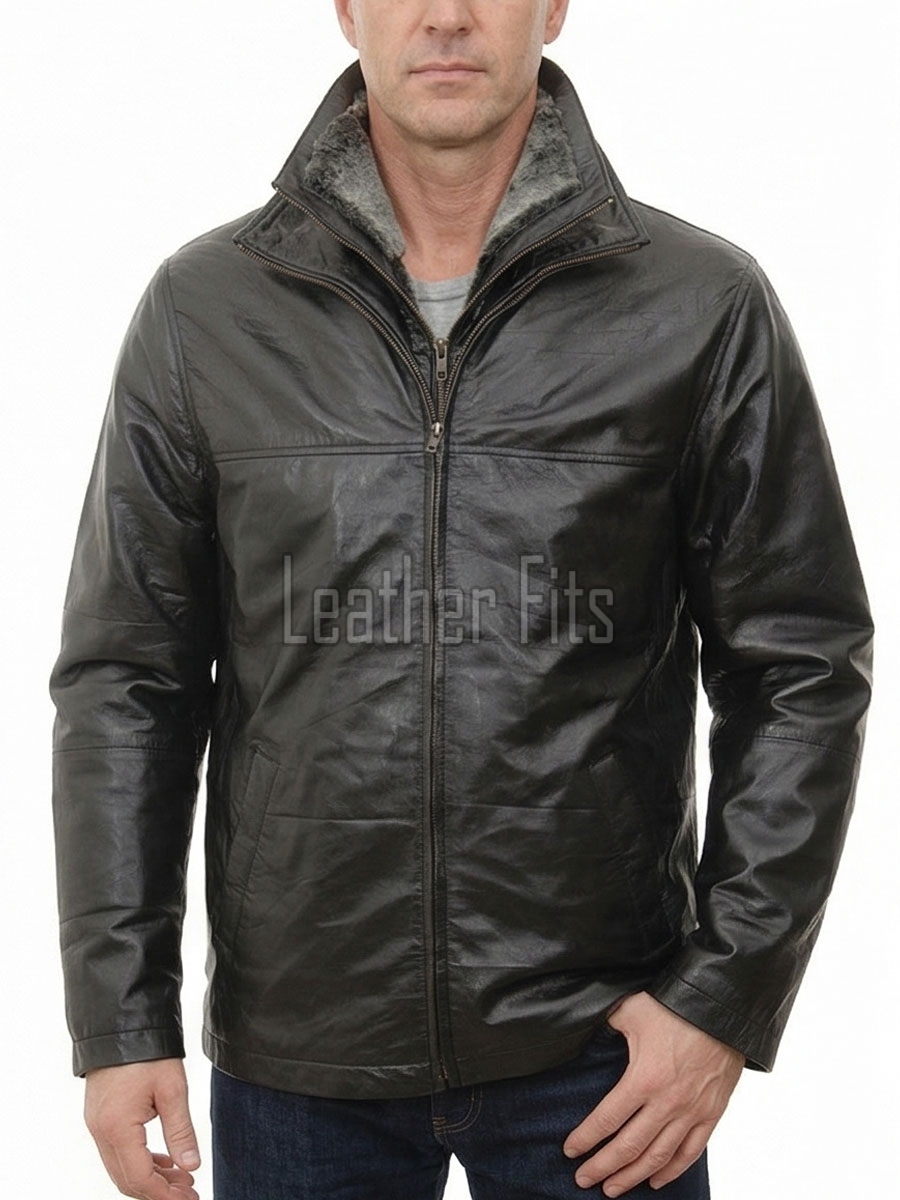 Men Espresso Brown Leather Car Coat | Luxury Winter Shearling Lined Duster | Premium Sheepskin Insulated Heavy Mock Neck Overcoat