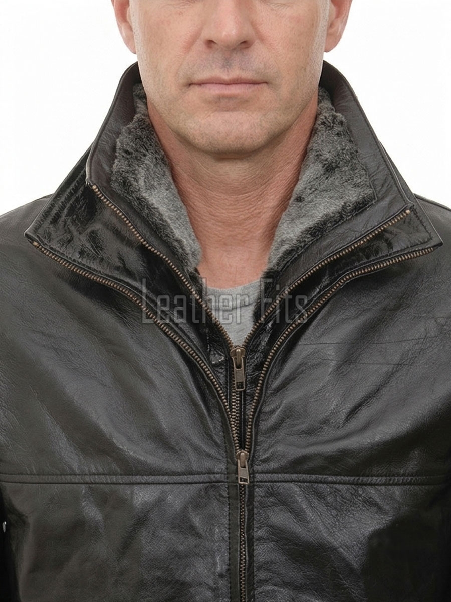 Men Espresso Brown Leather Car Coat | Luxury Winter Shearling Lined Duster | Premium Sheepskin Insulated Heavy Mock Neck Overcoat