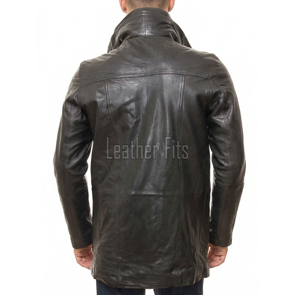 Men Charcoal Grey Leather Car Coat | Luxury Winter Shearling Lined Overcoat | Premium Lambskin Insulated Double Zip Heavy Duster
