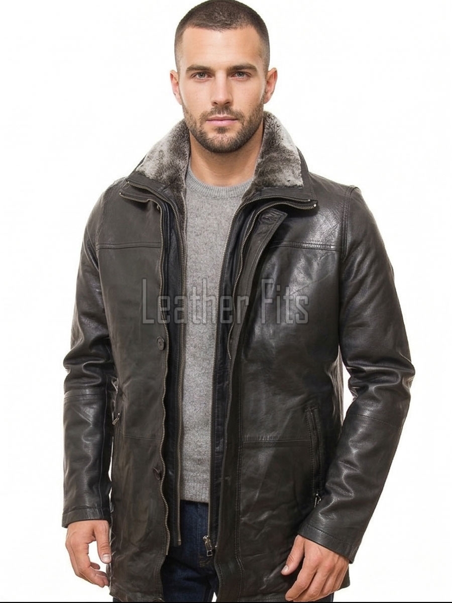 Men Charcoal Grey Leather Car Coat | Luxury Winter Shearling Lined Overcoat | Premium Lambskin Insulated Double Zip Heavy Duster