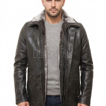 Men Charcoal Grey Leather Car Coat | Luxury Winter Shearling Lined Overcoat | Premium Lambskin Insulated Double Zip Heavy Duster