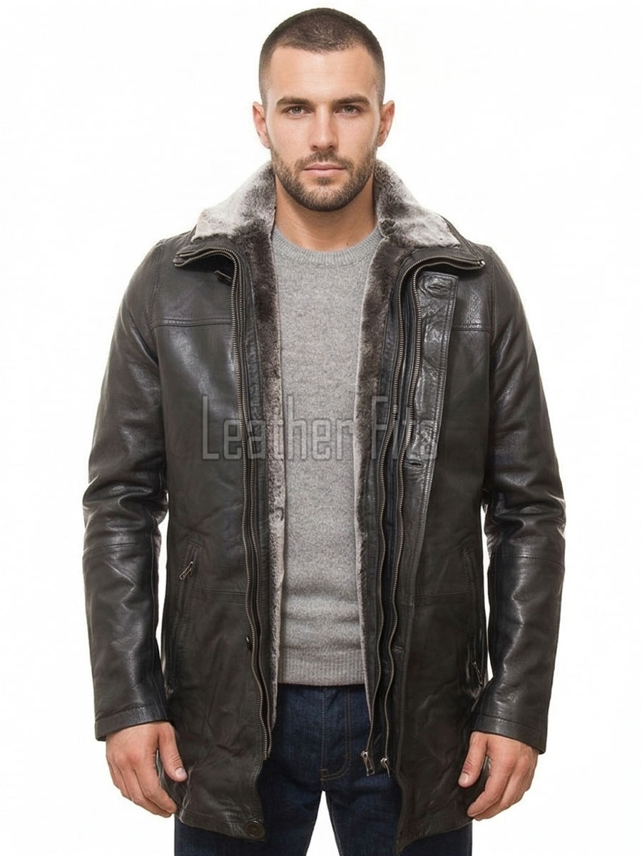 Men Charcoal Grey Leather Car Coat | Luxury Winter Shearling Lined Overcoat | Premium Lambskin Insulated Double Zip Heavy Duster