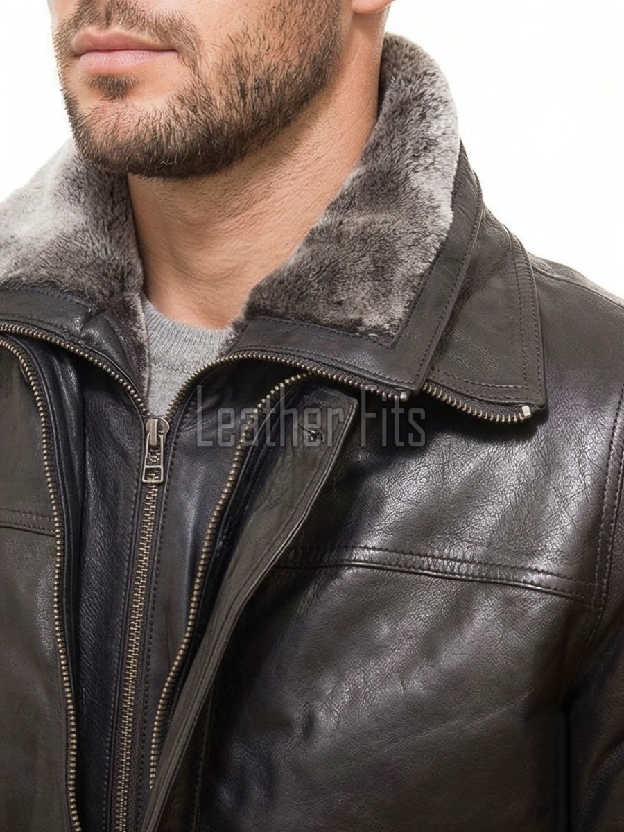 Men Charcoal Grey Leather Car Coat | Luxury Winter Shearling Lined Overcoat | Premium Lambskin Insulated Double Zip Heavy Duster