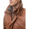 Men Cognac Tan Leather Car Coat | Luxury Winter Fleece Lined Duster | Premium Sheepskin Insulated Mock Neck Button Overcoat