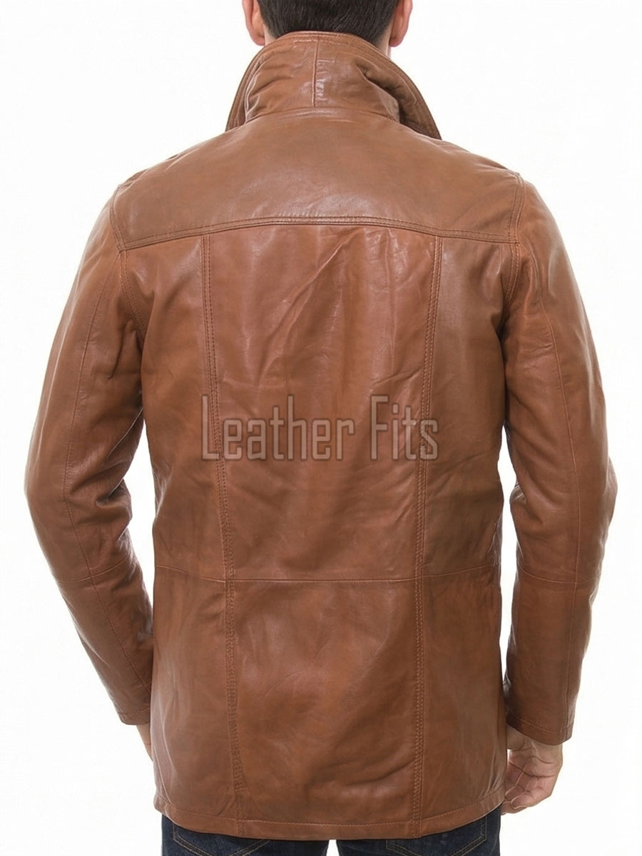 Men Cognac Tan Leather Car Coat | Luxury Winter Fleece Lined Duster | Premium Sheepskin Insulated Mock Neck Button Overcoat