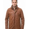 Men Cognac Tan Leather Car Coat | Luxury Winter Fleece Lined Duster | Premium Sheepskin Insulated Mock Neck Button Overcoat