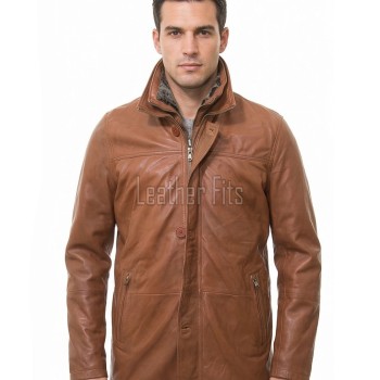 Men Cognac Tan Leather Car Coat | Luxury Winter Fleece Lined Duster | Premium Sheepskin Insulated Mock Neck Button Overcoat