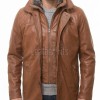 Men Cognac Tan Leather Car Coat | Luxury Winter Fleece Lined Duster | Premium Sheepskin Insulated Mock Neck Button Overcoat