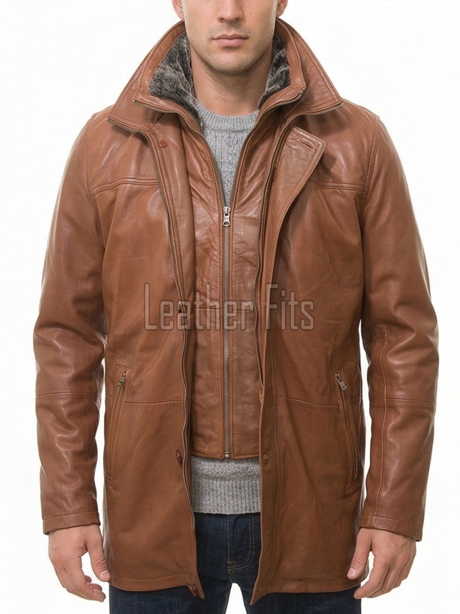 Men Cognac Tan Leather Car Coat | Luxury Winter Fleece Lined Duster | Premium Sheepskin Insulated Mock Neck Button Overcoat