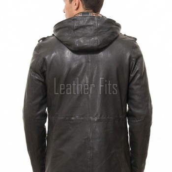 Men Black Leather Hooded Field Coat | Plaid Lined Military Utility Parka | Premium Distressed Lambskin Insulated Long Winter Overcoat