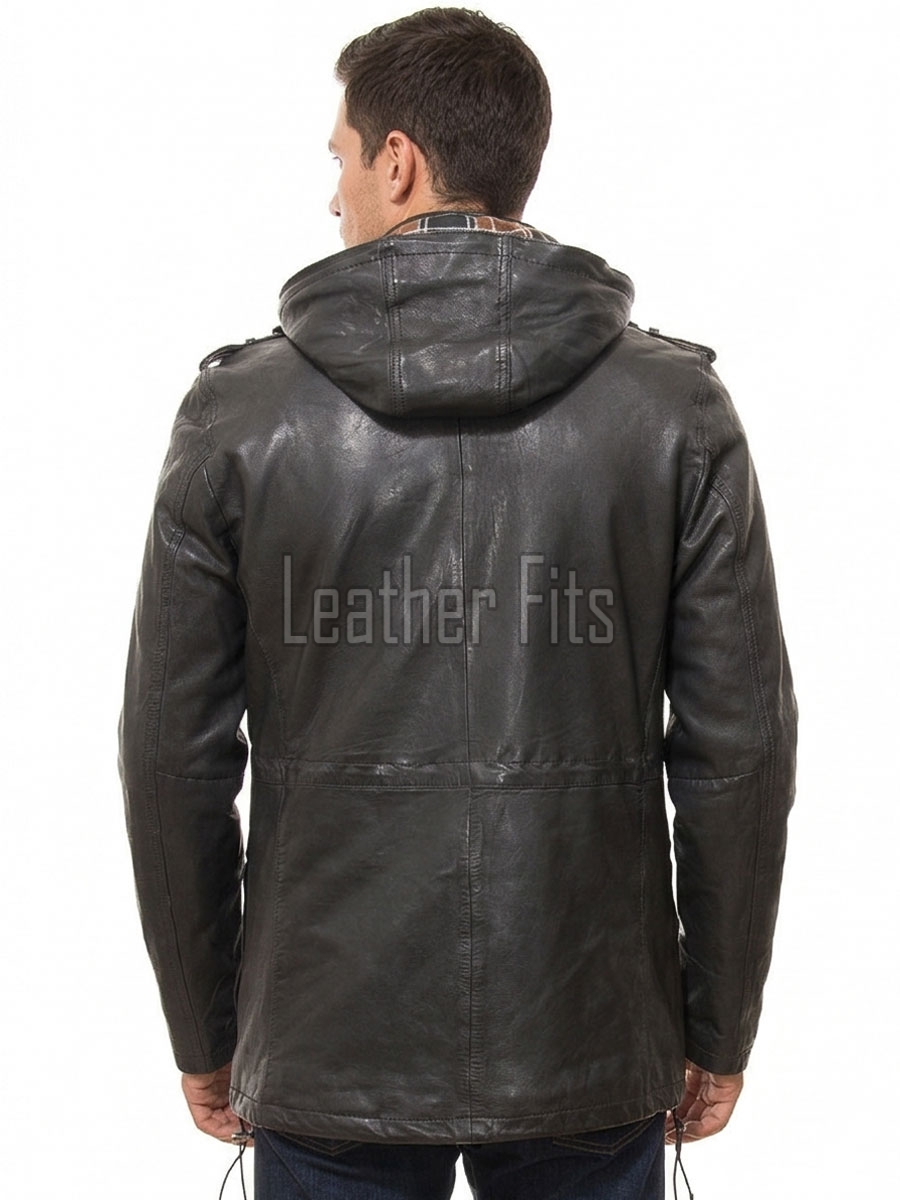 Men Black Leather Hooded Field Coat | Plaid Lined Military Utility Parka | Premium Distressed Lambskin Insulated Long Winter Overcoat
