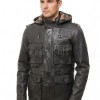 Men Black Leather Hooded Field Coat | Plaid Lined Military Utility Parka | Premium Distressed Lambskin Insulated Long Winter Overcoat