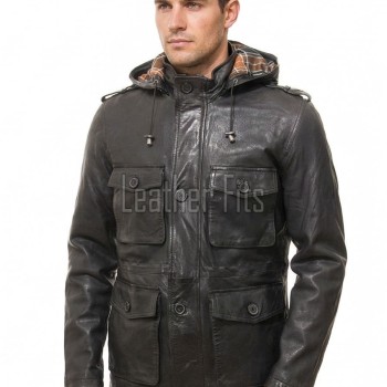Men Black Leather Hooded Field Coat | Plaid Lined Military Utility Parka | Premium Distressed Lambskin Insulated Long Winter Overcoat