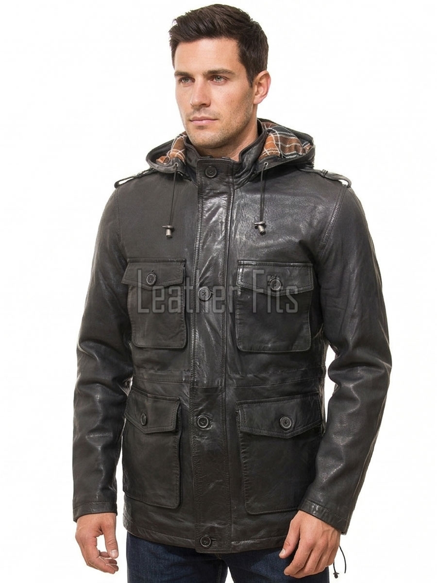 Men Black Leather Hooded Field Coat | Plaid Lined Military Utility Parka | Premium Distressed Lambskin Insulated Long Winter Overcoat