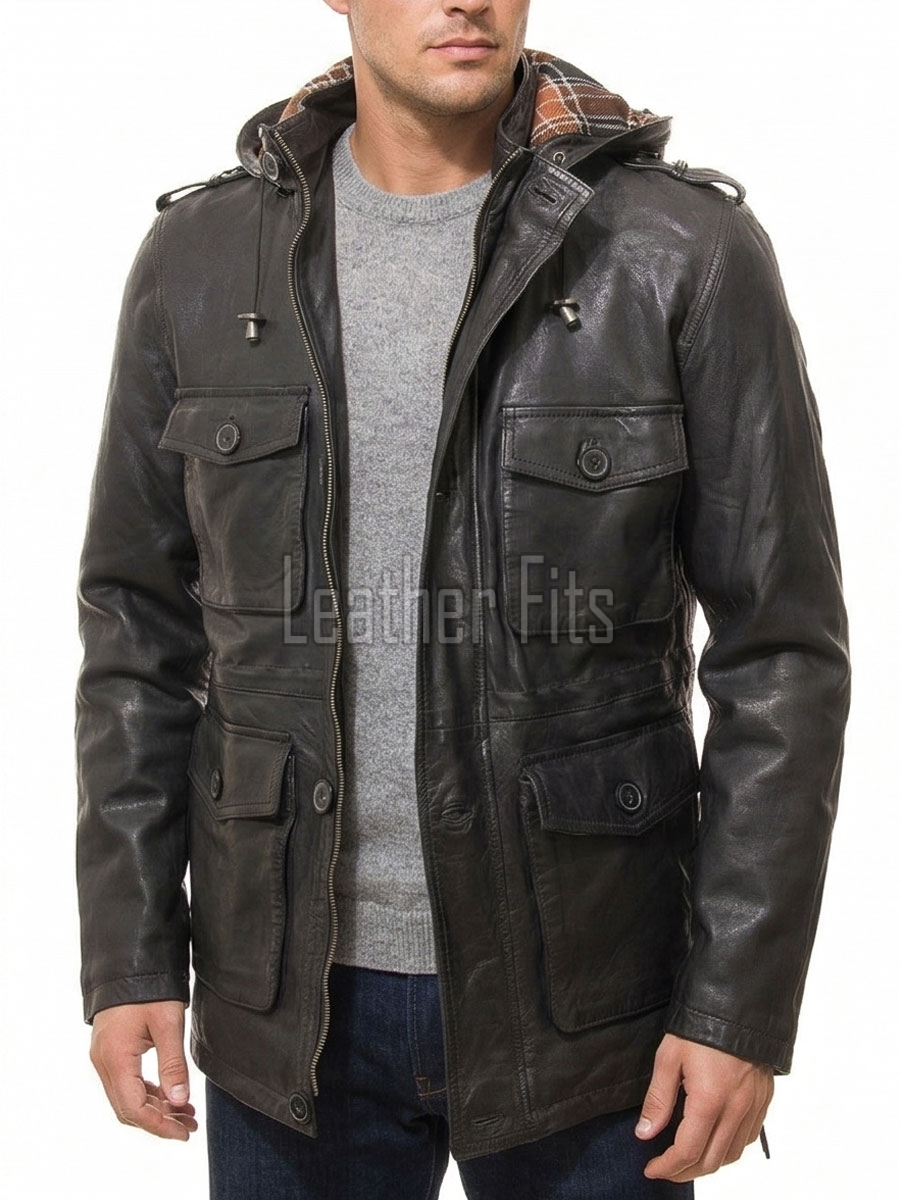 Men Black Leather Hooded Field Coat | Plaid Lined Military Utility Parka | Premium Distressed Lambskin Insulated Long Winter Overcoat