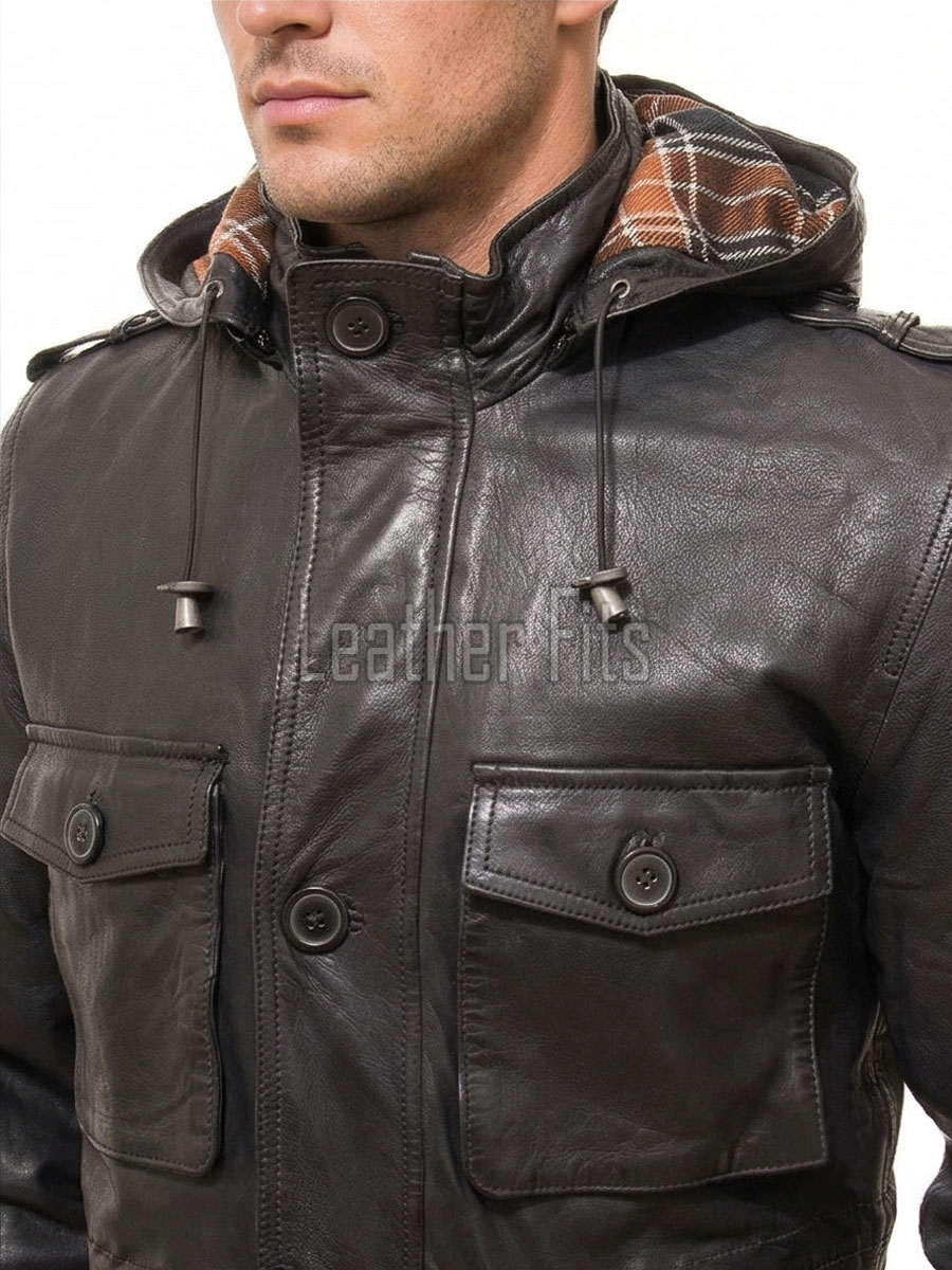 Men Black Leather Hooded Field Coat | Plaid Lined Military Utility Parka | Premium Distressed Lambskin Insulated Long Winter Overcoat