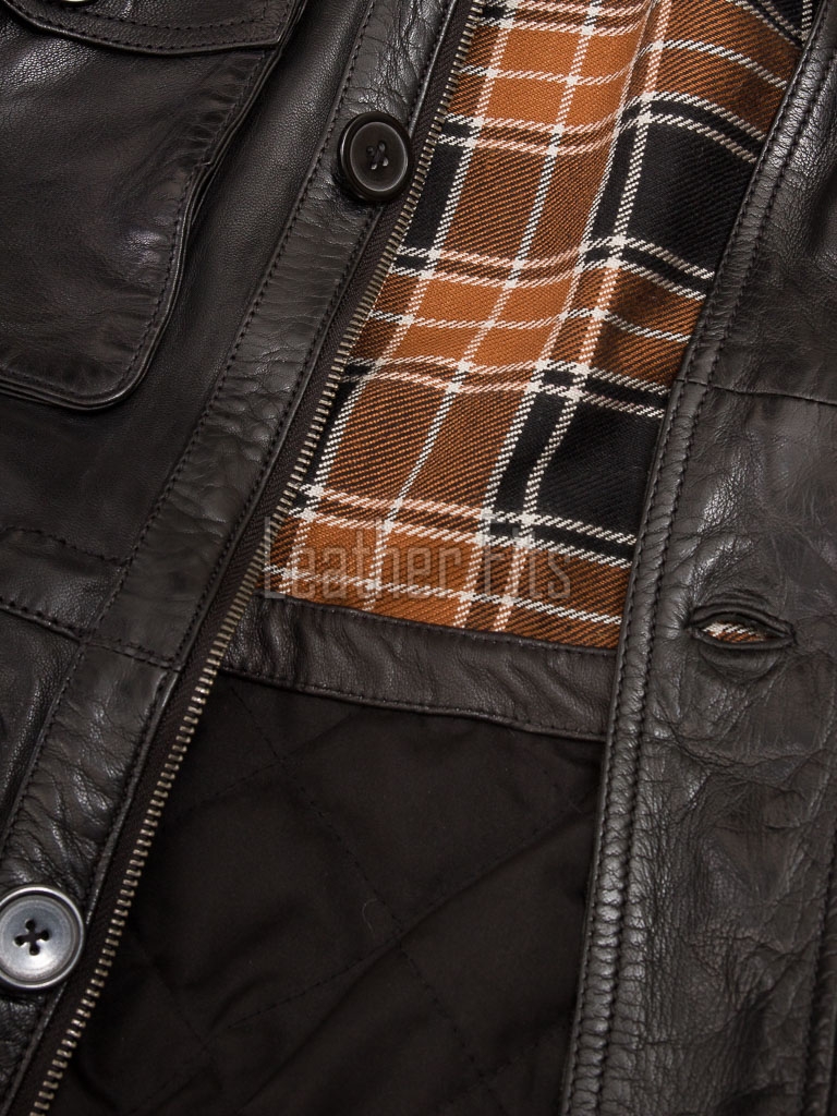 Men Black Leather Hooded Field Coat | Plaid Lined Military Utility Parka | Premium Distressed Lambskin Insulated Long Winter Overcoat