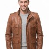 Men Whiskey Brown Leather Field Coat | Luxury Tartan Lined Cargo Parka | Premium Sheepskin Insulated Hooded Multi Pocket Overcoat