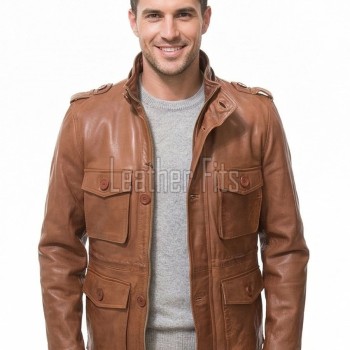 Men Whiskey Brown Leather Field Coat | Luxury Tartan Lined Cargo Parka | Premium Sheepskin Insulated Hooded Multi Pocket Overcoat