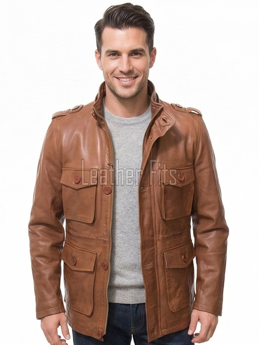 Men Whiskey Brown Leather Field Coat | Luxury Tartan Lined Cargo Parka | Premium Sheepskin Insulated Hooded Multi Pocket Overcoat