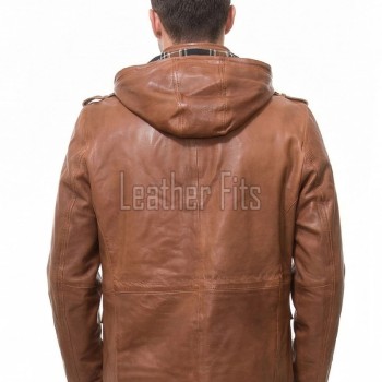 Men Whiskey Brown Leather Field Coat | Luxury Tartan Lined Cargo Parka | Premium Sheepskin Insulated Hooded Multi Pocket Overcoat