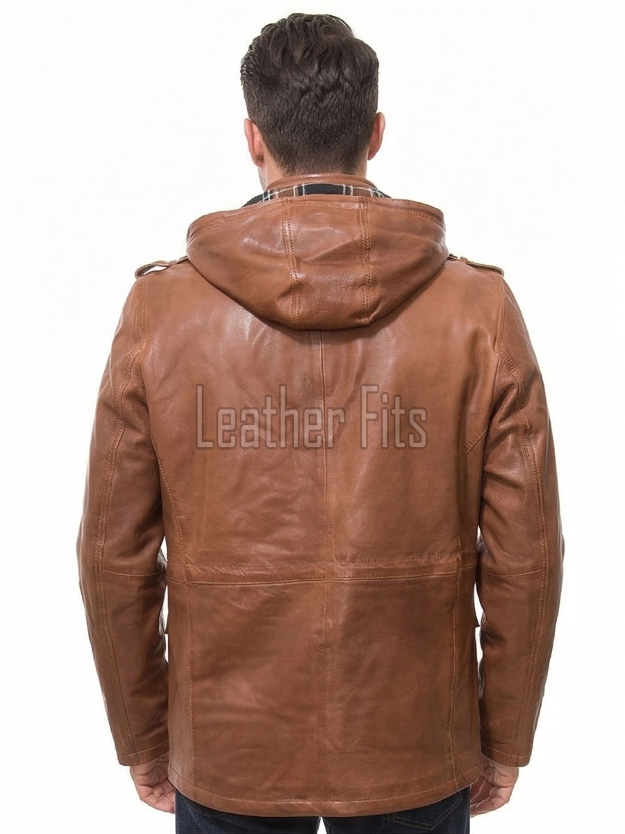 Men Whiskey Brown Leather Field Coat | Luxury Tartan Lined Cargo Parka | Premium Sheepskin Insulated Hooded Multi Pocket Overcoat