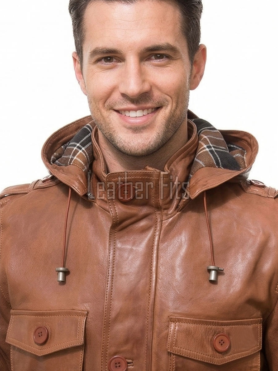 Men Whiskey Brown Leather Field Coat | Luxury Tartan Lined Cargo Parka | Premium Sheepskin Insulated Hooded Multi Pocket Overcoat