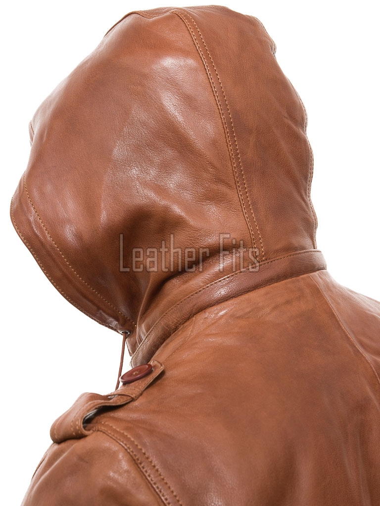 Men Whiskey Brown Leather Field Coat | Luxury Tartan Lined Cargo Parka | Premium Sheepskin Insulated Hooded Multi Pocket Overcoat