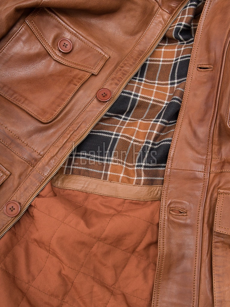Men Whiskey Brown Leather Field Coat | Luxury Tartan Lined Cargo Parka | Premium Sheepskin Insulated Hooded Multi Pocket Overcoat