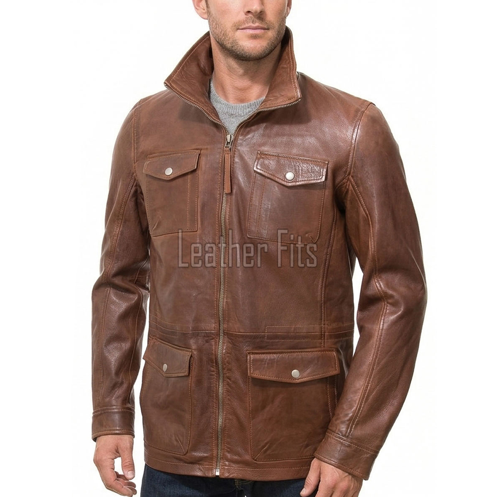 Men Tobacco Brown Leather Car Coat | Luxury Winter Utility Field Overcoat | Premium Lambskin Insulated Mid-Length Snap Pocket Duster