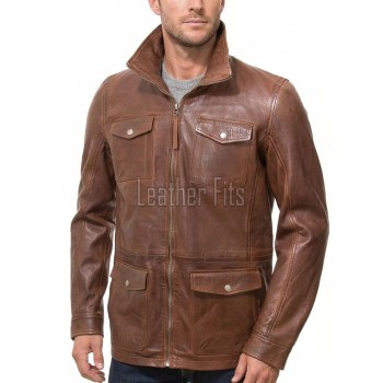 Men Tobacco Brown Leather Car Coat | Luxury Winter Utility Field Overcoat | Premium Lambskin Insulated Mid-Length Snap Pocket Duster