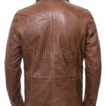 Men Tobacco Brown Leather Car Coat | Luxury Winter Utility Field Overcoat | Premium Lambskin Insulated Mid-Length Snap Pocket Duster