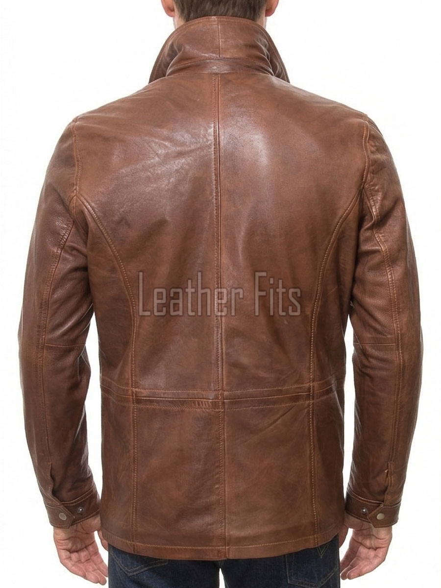 Men Tobacco Brown Leather Car Coat | Luxury Winter Utility Field Overcoat | Premium Lambskin Insulated Mid-Length Snap Pocket Duster
