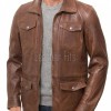 Men Tobacco Brown Leather Car Coat | Luxury Winter Utility Field Overcoat | Premium Lambskin Insulated Mid-Length Snap Pocket Duster