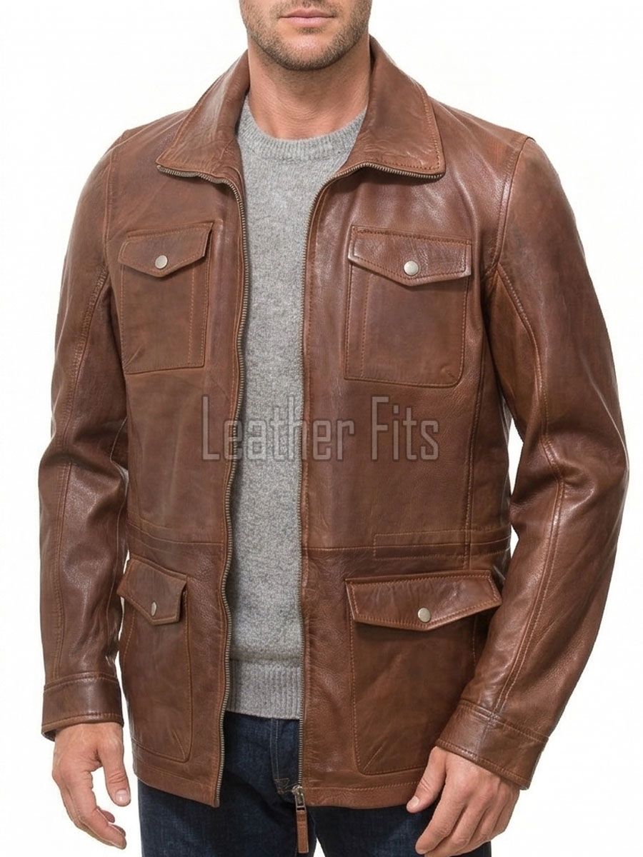 Men Tobacco Brown Leather Car Coat | Luxury Winter Utility Field Overcoat | Premium Lambskin Insulated Mid-Length Snap Pocket Duster