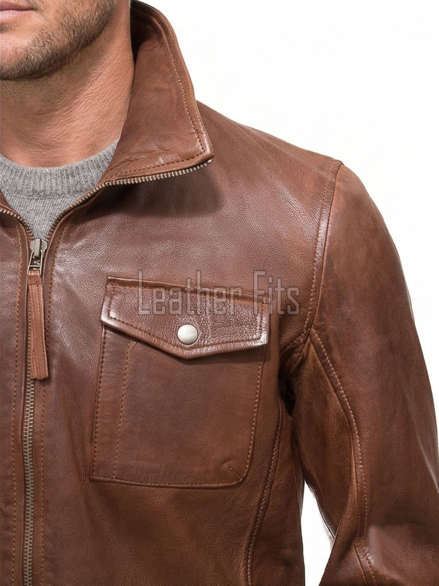 Men Tobacco Brown Leather Car Coat | Luxury Winter Utility Field Overcoat | Premium Lambskin Insulated Mid-Length Snap Pocket Duster