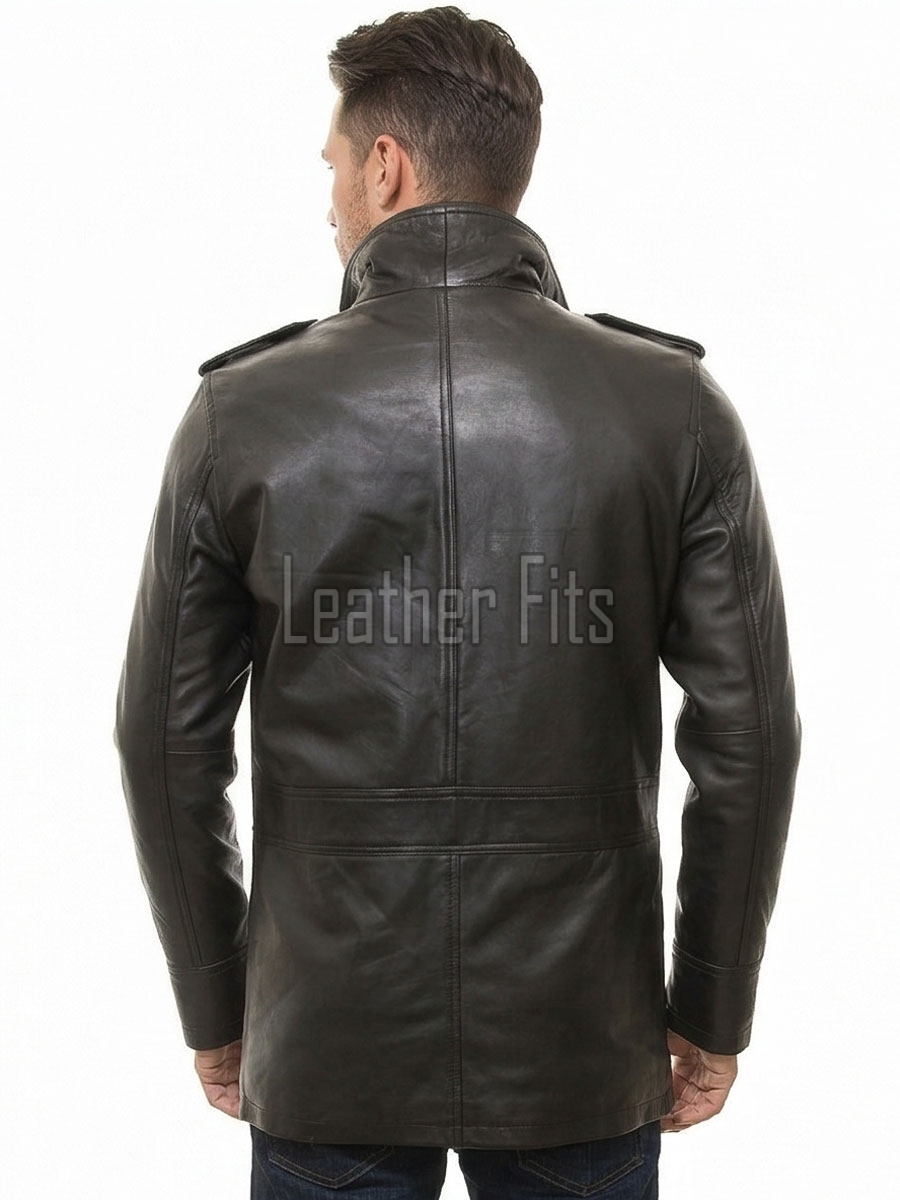 Men Dark Espresso Leather Field Coat | Luxury Winter Military Cargo Parka | Premium Lambskin Insulated Long Officer Car Overcoat