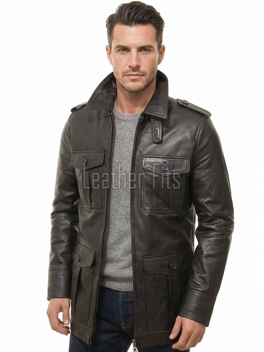 Men Dark Espresso Leather Field Coat | Luxury Winter Military Cargo Parka | Premium Lambskin Insulated Long Officer Car Overcoat