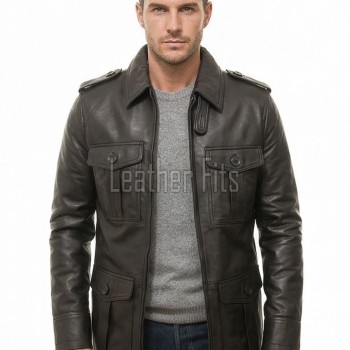 Men Dark Espresso Leather Field Coat | Luxury Winter Military Cargo Parka | Premium Lambskin Insulated Long Officer Car Overcoat