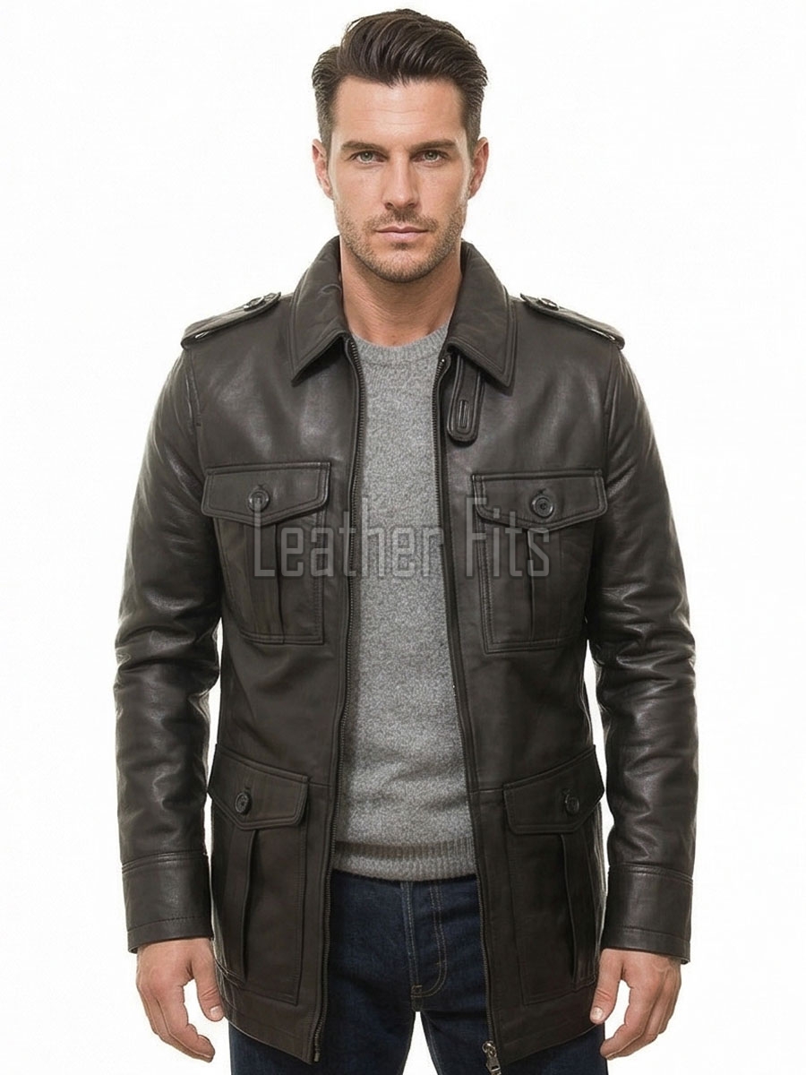 Men Dark Espresso Leather Field Coat | Luxury Winter Military Cargo Parka | Premium Lambskin Insulated Long Officer Car Overcoat