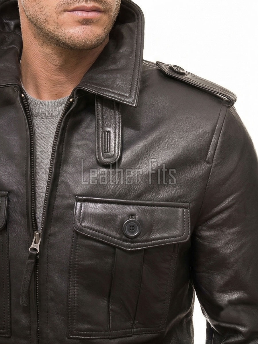 Men Dark Espresso Leather Field Coat | Luxury Winter Military Cargo Parka | Premium Lambskin Insulated Long Officer Car Overcoat