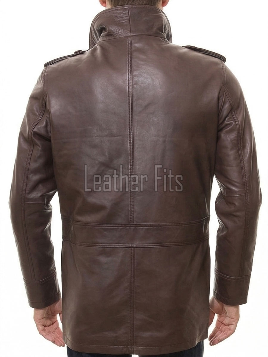 Men Mahogany Brown Leather Field Coat | Luxury Winter Military Cargo Parka | Premium Sheepskin Insulated Long Officer Car Overcoat