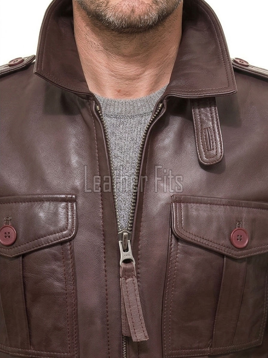 Men Mahogany Brown Leather Field Coat | Luxury Winter Military Cargo Parka | Premium Sheepskin Insulated Long Officer Car Overcoat