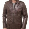 Men Mahogany Brown Leather Field Coat | Luxury Winter Military Cargo Parka | Premium Sheepskin Insulated Long Officer Car Overcoat