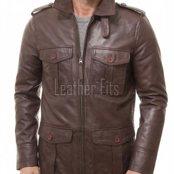 Men Mahogany Brown Leather Field Coat | Luxury Winter Military Cargo Parka | Premium Sheepskin Insulated Long Officer Car Overcoat